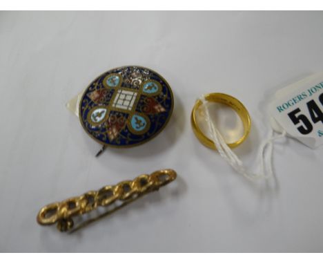22ct gold wedding band, yellow metal rope brooch together with an enamel brooch, 7.5gms