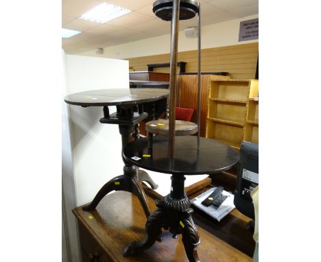 An antique oak tripod table together with another similar side table & smoker's companion