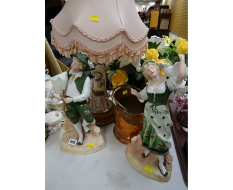 Two continental figurines, figural table lamp, small copper & brass buckets E/T condition report:The one lady figure has dama