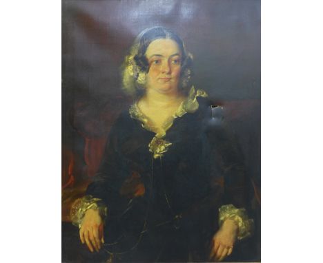 19th century school,  half length portrait of a woman,  oil on canvas, apparently unsigned,  in gilt frame, 70 x 90cm  (damag