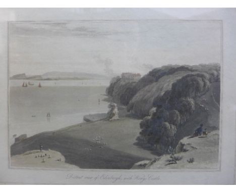 William Daniell coloured engraved print 'Distant View of Edinburgh with Wemys Castle', in glazed frame, 28 x 20cm 