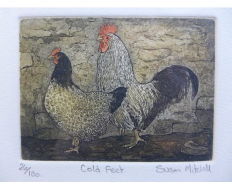 Susan Mitchell,  Cold Feet,  engraved coloured print, signed in pencil and No. 26/120 in glazed frame, 12 x 10cm 