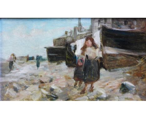 Peter Wishart ARSA (1852 - 1932) "Children on the Shore",  oil sketch on board,  in gilt frame, with St Andrews Fine Art labe