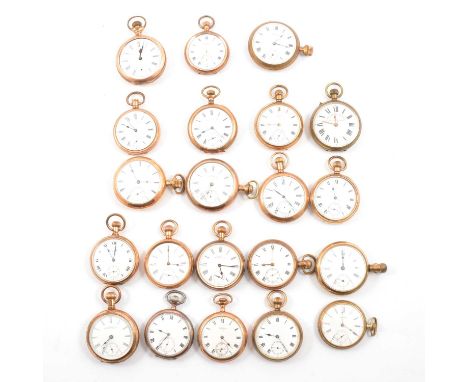 Twenty-one gold-plated open face pocket watches with Roman numeral dials, to include Superior Railway Timekeeper, English Lev