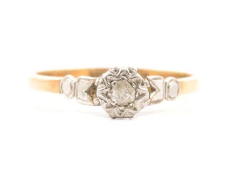 A diamond solitaire ring, the old cut stone illusion set in a yellow and white metal mount marked 18ct. Plat, white metal dec