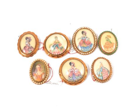 Thomas L Mott - seven hand painted oval portrait brooches of ladies in crinoline costumes in gold-plated closed back mounts, 