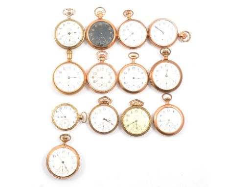 Thirteen gold-plated open face pocket watches with arabic dials. to include Elgin, Waltham, Schierwater &amp; Lloyd Liverpool