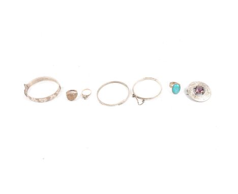 A velvet lined jewel box with silver and white metal jewellery, a 12.5mm silver half hinged bangle, Birmingham 1972, another 