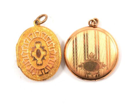 Two yellow metal lockets, a Victorian style oval locket, 30x25mm, decorated to back and front in relief, monogrammed cartouch