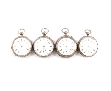 Waltham - four hallmarked silver open face pocket watches, two white enamel dials marked Waltham and two A W Co. Waltham, hav