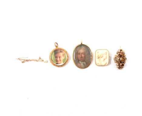 A rectangular cameo brooch, female profile 25x20mm; hollow scroll design brooch set with three faceted golden stones; portrai