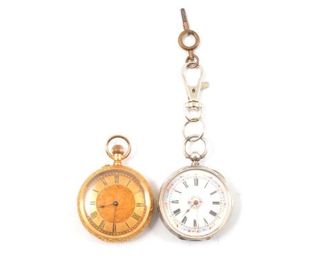 Two open face fob watches - a small yellow metal open face pocket watch, the gold coloured dial with foliate decoration to ce