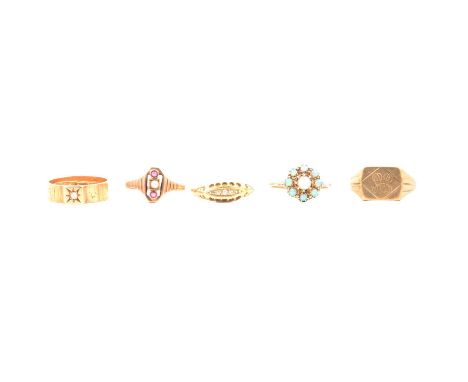 Five vintage gold dress rings, a nine stone round cabochon cut opal cluster set in 9 carat yellow gold, Birmingham 1960, ring