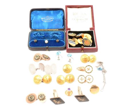 A collection of cufflinks and dress studs, a pair of 9 carat yellow gold 12mm diameter enamelled cufflinks with mother-of-pea