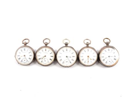 A W W Co. Waltham - five hallmarked silver open face pocket watches. the white enamel dials marked having Roman numeral chapt