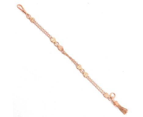 A rose metal albertine bracelet, two rows of oval belcher chain links with cast spacing links, fitted with a six strand foxta