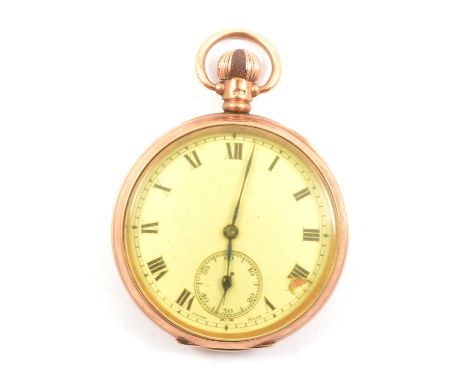 A 9 carat yellow gold open face pocket watch, the white enamel dial covered by a yellowed plastic glass having a Roman numera