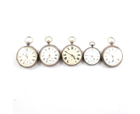 Five hallmarked silver open face pocket watches, H Samuel Manchester "The Climax Trip Action Patent", Crabtree Rochdale, Webs