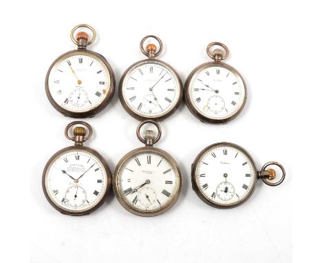 Six hallmarked silver open face pocket watches, three by Waltham, a Freeman &amp; Co. John Elkan and William Owen, the white 