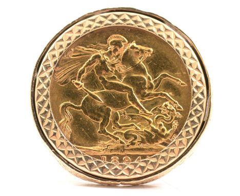 A Gold Full Sovereign ring, Victoria Veiled Head Full Sovereign 1894, set in a 9 carat yellow gold mount with diamond cut bez