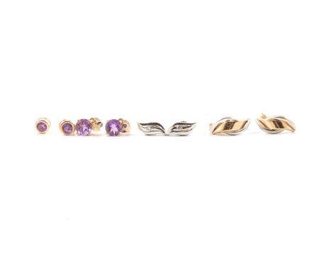 A pair of amethyst stud earrings, in unmarked yellow metal, approx. 5.75mm diameter; a apir of amethyst and synthetic white s