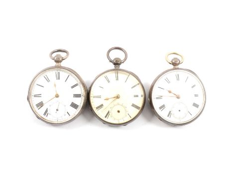 Three hallmarked silver open face pocket watches, the white un-named enamel dials all having Roman numeral chapter rings and 