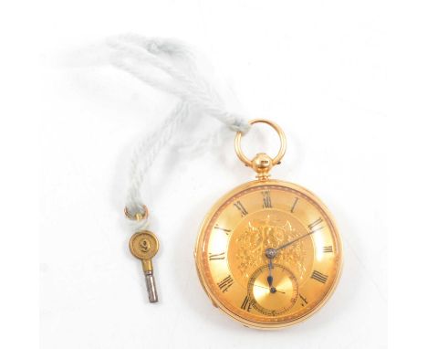 An 18 carat yellow gold open face pocket watch, the gold coloured dial with floral engraving to centre having a Roman numeral