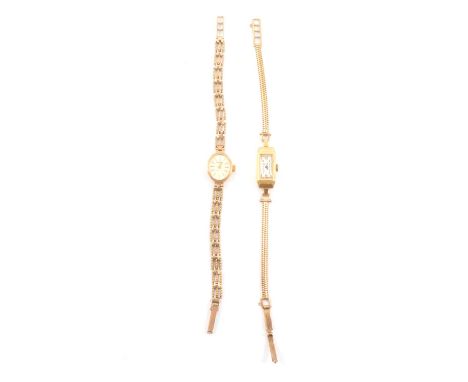 Two gold lady's wristwatches, a lady's Art Deco style watch with rectangular arabic dial in an 18 carat yellow gold case with