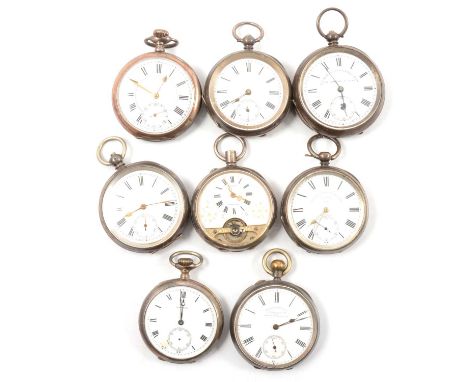 Eight open face pocket watches with continental silver marks, J N Masters Ltd Rye "Six Prize Medals", 935; Waltham, .800; bot