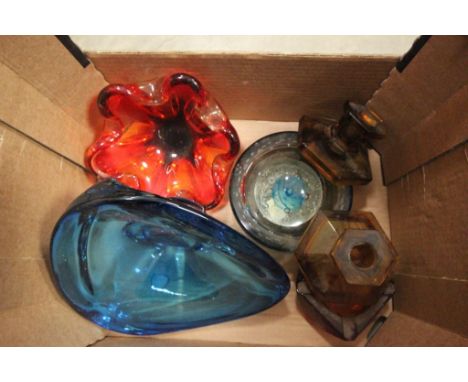 A pair of Art Deco dwarf candlesticks, along with a blue art glass bowl and other glass ware 