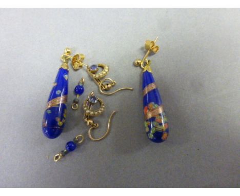 Pair of vintage gold, sapphire & seed pearl earrings plus a pair of Murano glass earrings