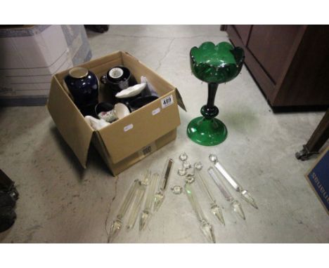 Green Glass Lustre with drops, Nao Goose, Carltonware Vase plus other Ceramics