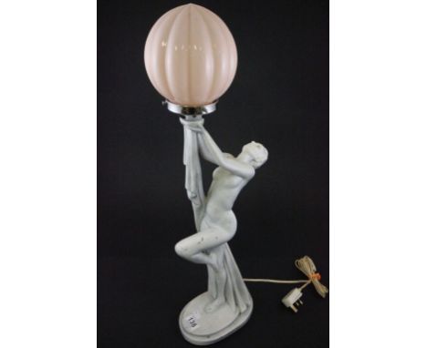 A plaster Art Deco style lamp with standing figure of a lady 