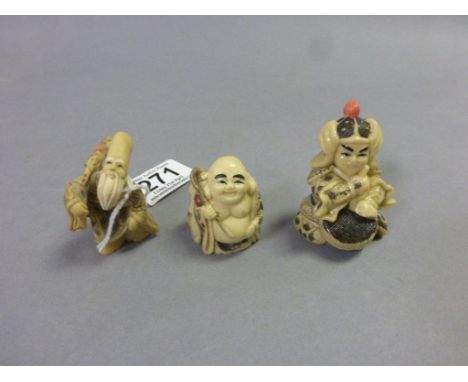Three netsuke style carvings to include Old Man Traveller
