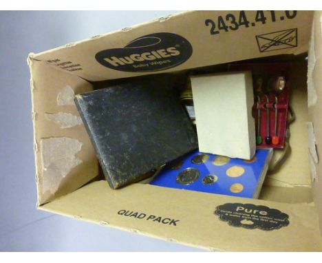 Box of mixed collectables to include; music box, coffee bean spoons, compass