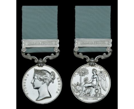 Army of India 1799-1826, 1 clasp, Bhurtpoor (Thos. Lillymore. 11th Lt. Dragoons.) long hyphen reverse, impressed naming, near