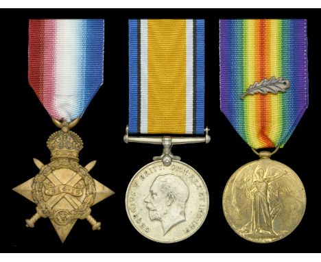 The 1914-15 Star trio awarded to Private N. W. Player, 1/4th Battalion, Hampshire Regiment, who won the D.C.M. for gallantry 