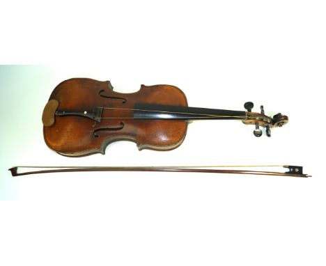 A violin, the back stamped HOPF, early 20th Century
With two piece back, length of back 35cm, complete with a bow with mother