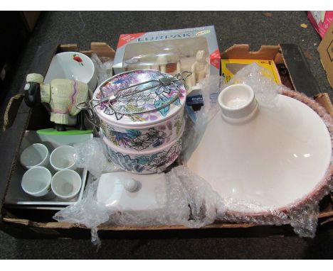 A box of kitchenalia including tagine, tiffin box, ceramic egg tray, etc
