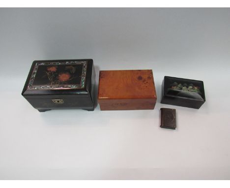 A musical lacquered jewellery box, trinket box and walnut jewellery box (3)