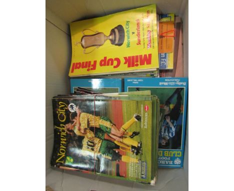 A box of 1970's-1990's Norwich City and other football programmes, Man City and Spurs 1971 FA Cup final programmes and ticket