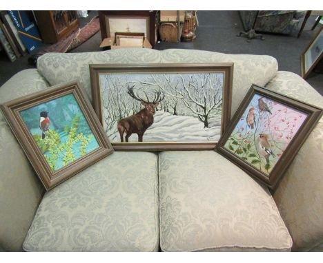 K. HODGES: Oil on canvas of stag in snow, bullfinch and another    