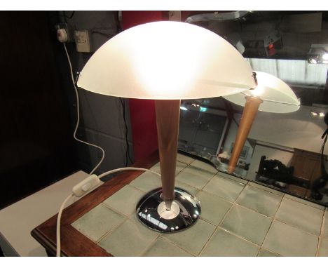 A modern Swedish table lamp with beech and chrome effect base, opaque glass shade