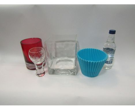 A modern heavy glass vase, ruby glass candle holder, light up shade etc. (5)