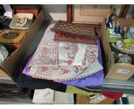 An Indian cotton floral print throw, an Eastern lilac silk tunic with gold thread, a navy/gold ethnic sash and two silk and w