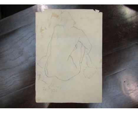 MERVYN LEVY; Pencil drawing of seated nude 1934. Verso blue ink sketch of nude. Swansea School artist reputedly a friend of D