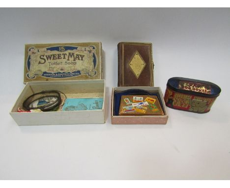 Assortment of vintage wares including an Oxo Zoo house tin, Sweet May soapbox, prayer book and a Mascot compact in the form o