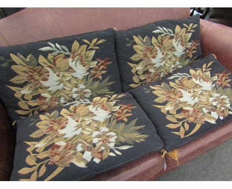 Four brown woven tapestry style rectangular cushions with tasseled corners, plain brown velour backing, some tassels missing 