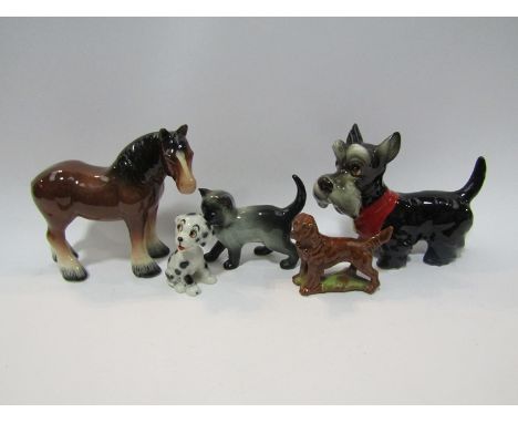 Three ceramic dog figures including Wade and a Sylvac cat and horse (5)