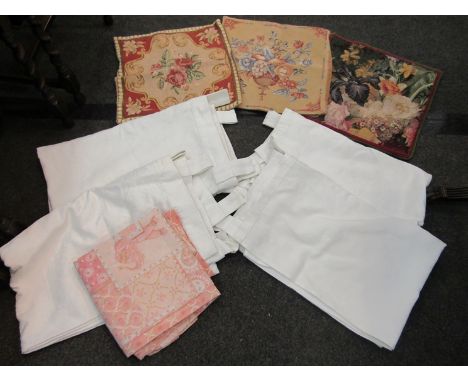 Tapestry woven cushion covers (3) approx. 44cm square, zip to side, two white curtains, looped heading, length 217cm x width 
